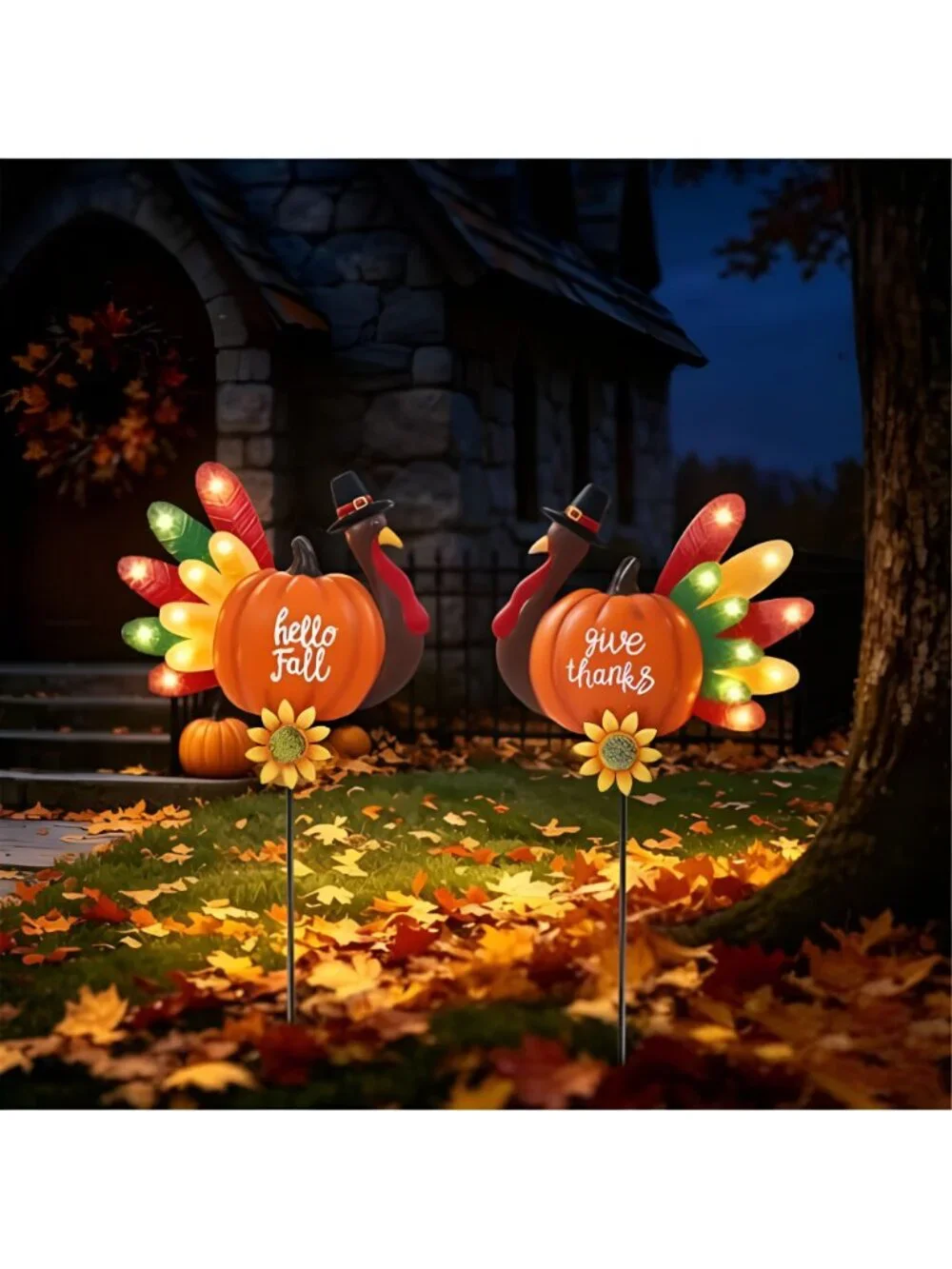 Solar Thanksgiving Turkey Yard Stakes, Metal Fall Outdoor Decor